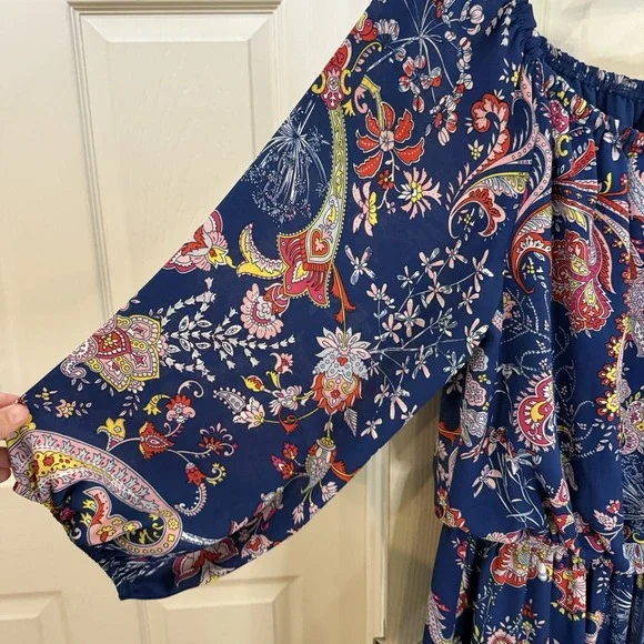 Bisou Bisou Maxi Dress 14 Navy Paisley Colorful Resortware Cruise Career - Picture 5 of 12